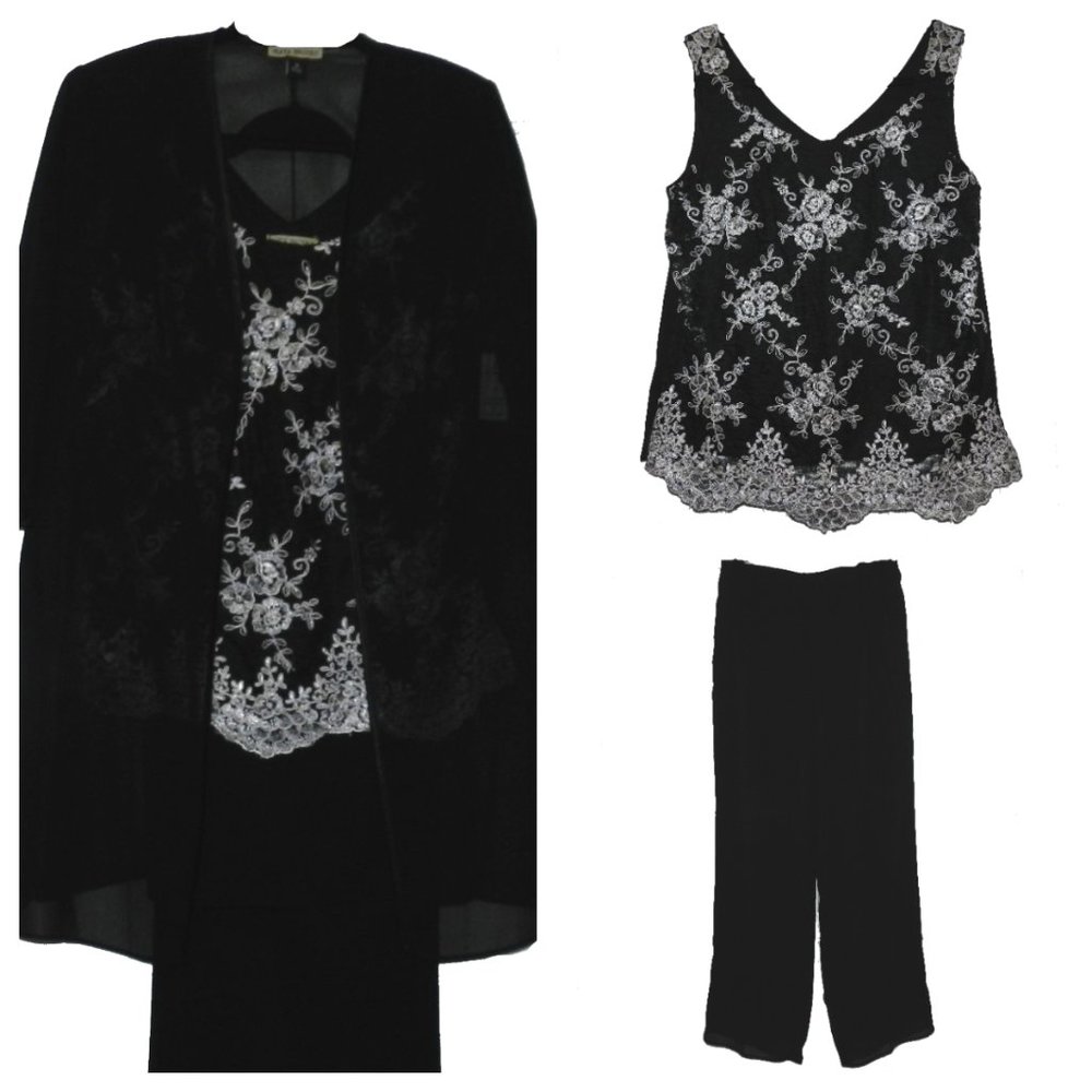 NWT Black White Lace Embroidered 3pc Pant Suit 10
